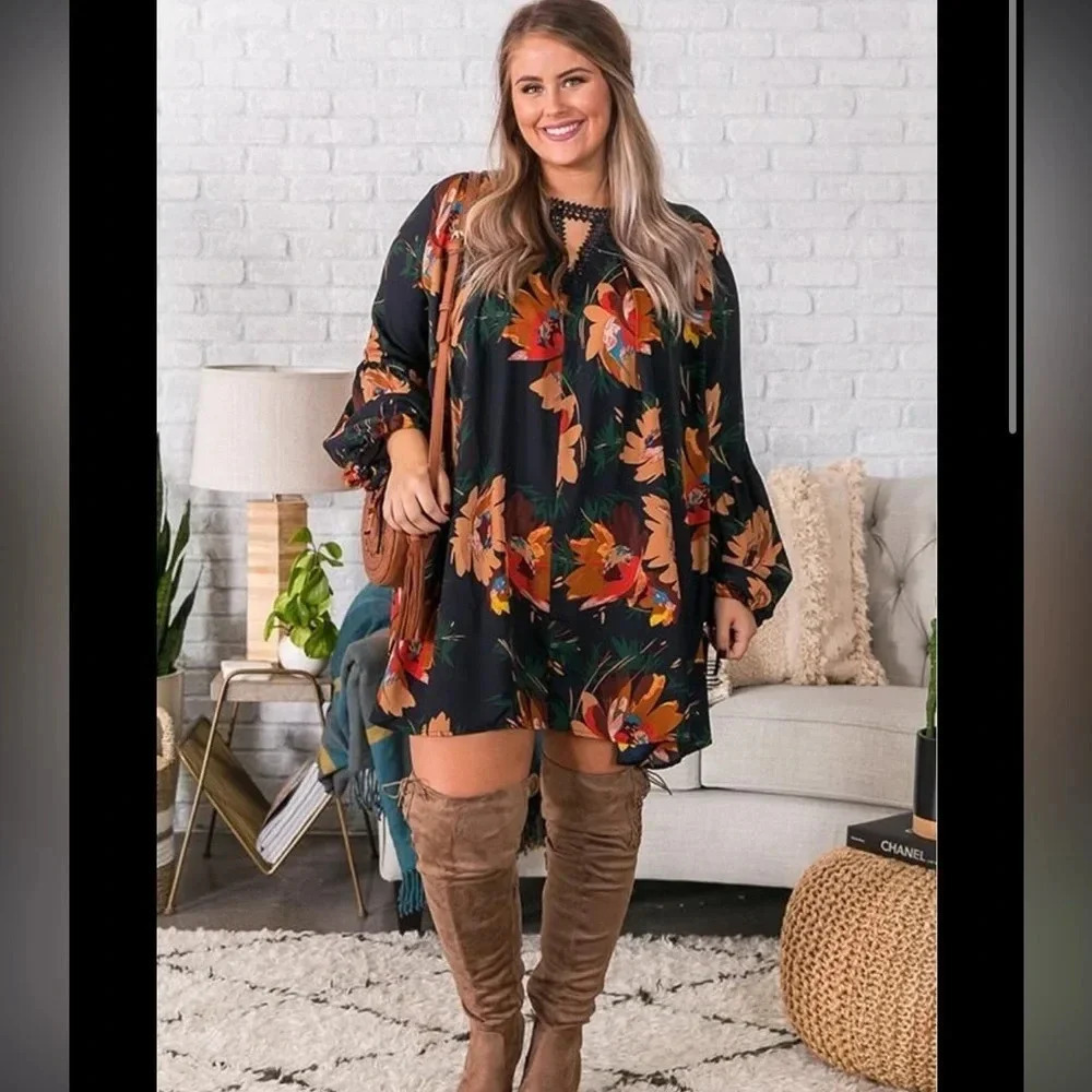 Boho Floral Mini Dress Women Fall Bloomcore Ruffle Hem indie Goblin Flowy Loose
